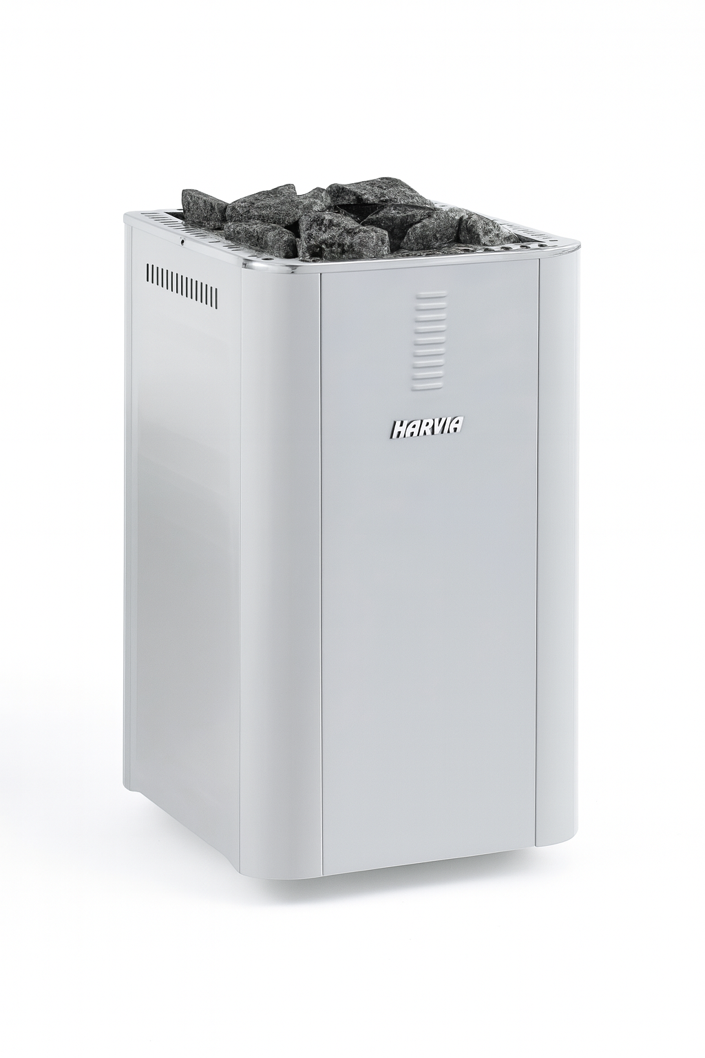 Harvia sauna heater with fireplace in white finish with sauna stones on top for efficient heating