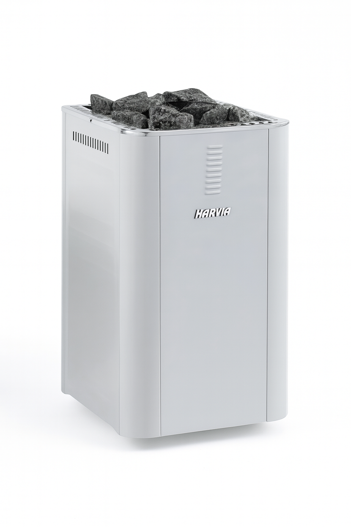 Harvia sauna heater with fireplace in white finish with sauna stones on top for efficient heating