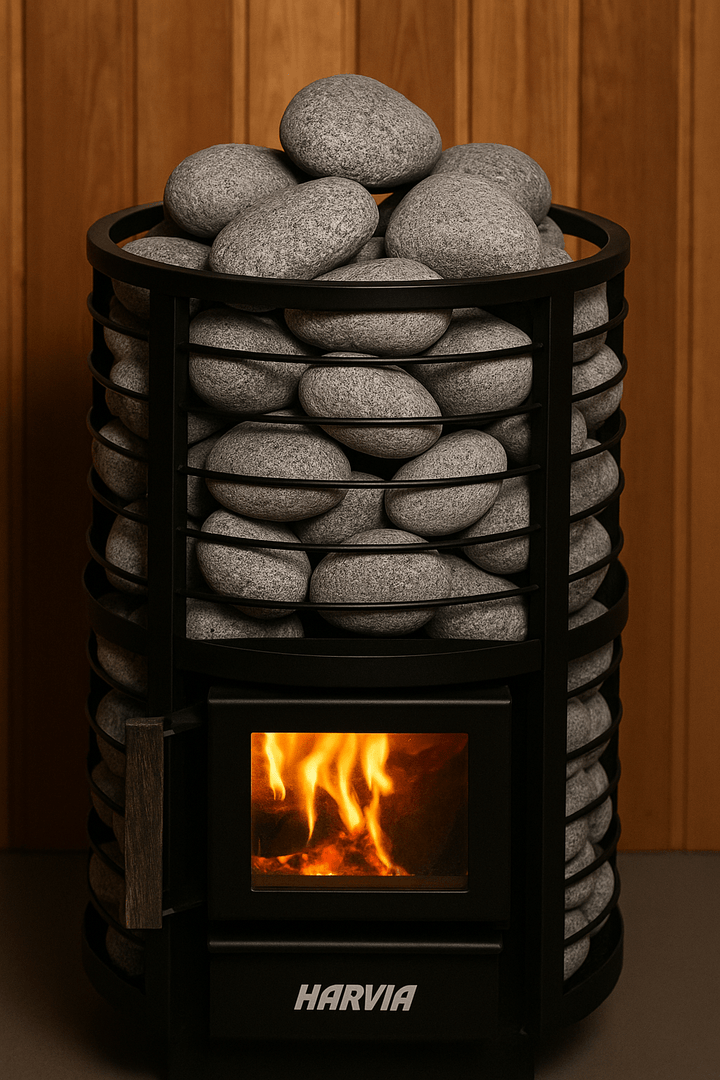 Harvia sauna stones stacked in a black stove with a glowing fire for optimal sauna experience