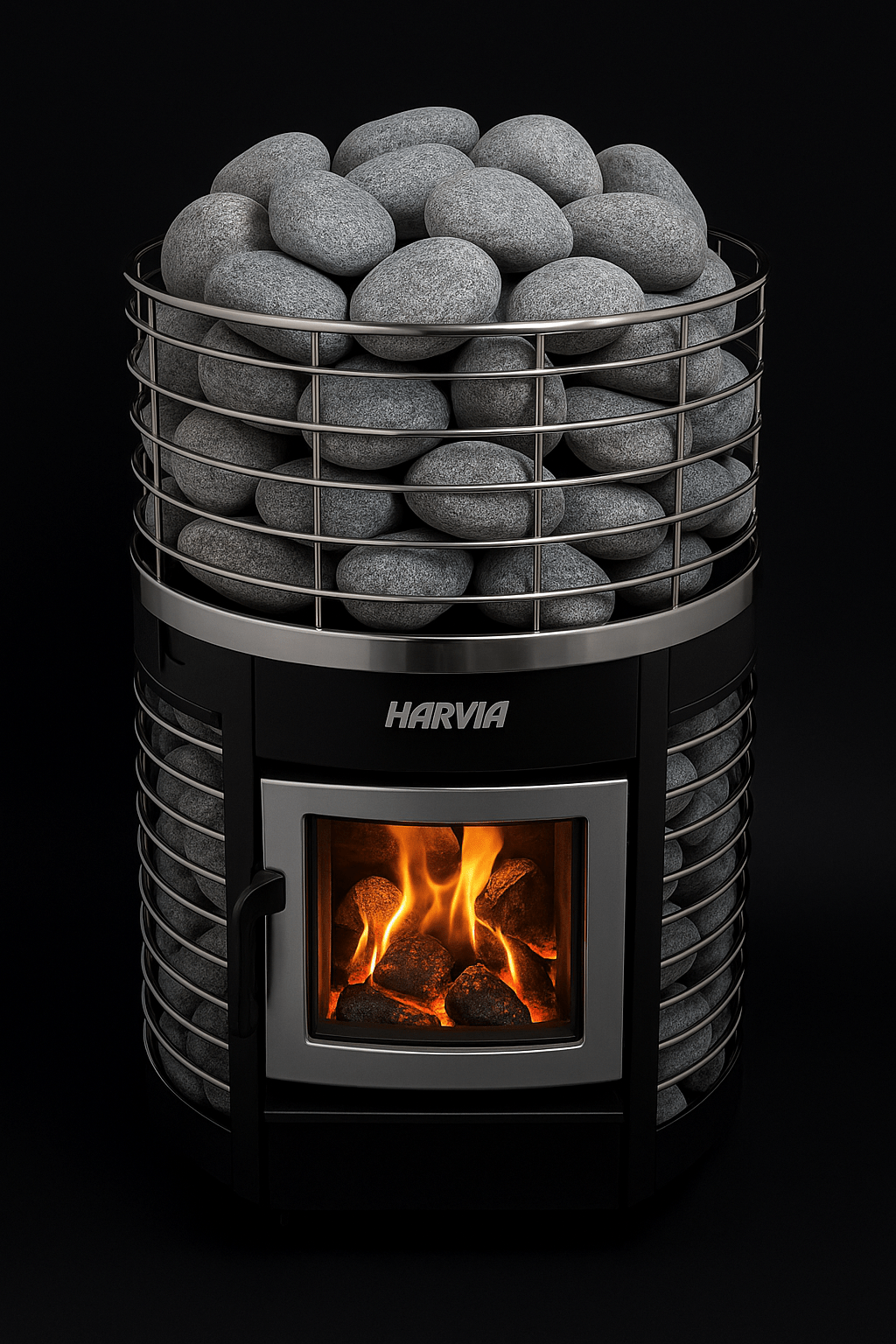 Harvia sauna stones in a sleek sauna heater with a glowing fire for a relaxing experience