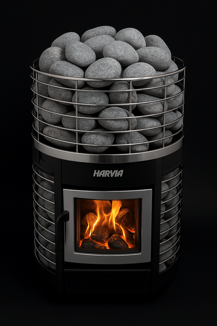 Harvia sauna stones in a sleek sauna heater with a glowing fire for a relaxing experience
