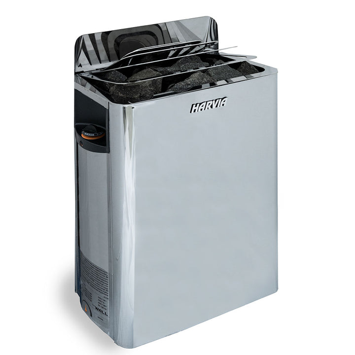Harvia The Wall electric sauna heater in chrome finish with large stone compartment for efficient heating