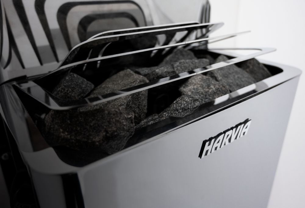 Harvia The Wall sauna heater with sleek design and stacked stones for optimal heating