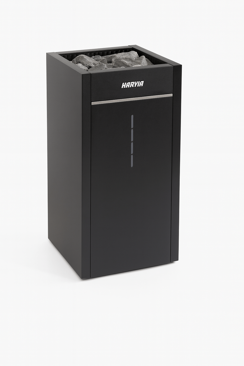 Harvia Virta Combi electric sauna heater in sleek black design with integrated stone compartment