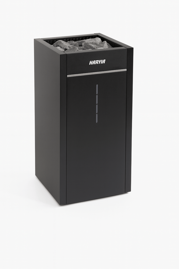 Harvia Virta Combi electric sauna heater in sleek black design with integrated stone compartment