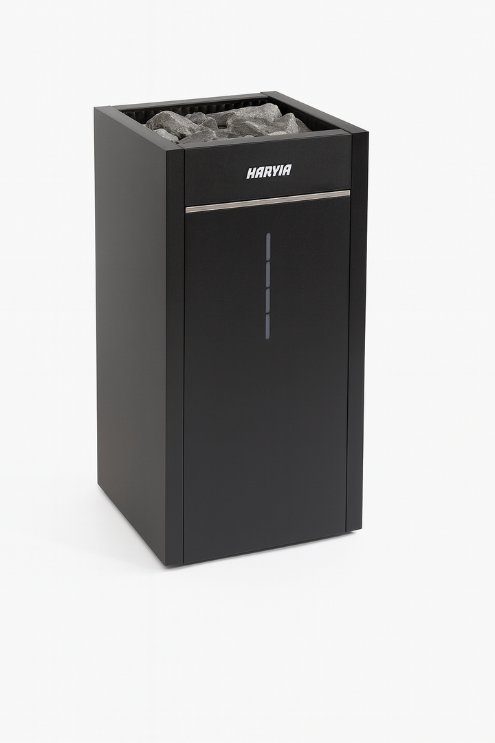 Harvia Virta Combi electric sauna heater in black with sauna stones on top for home sauna heating