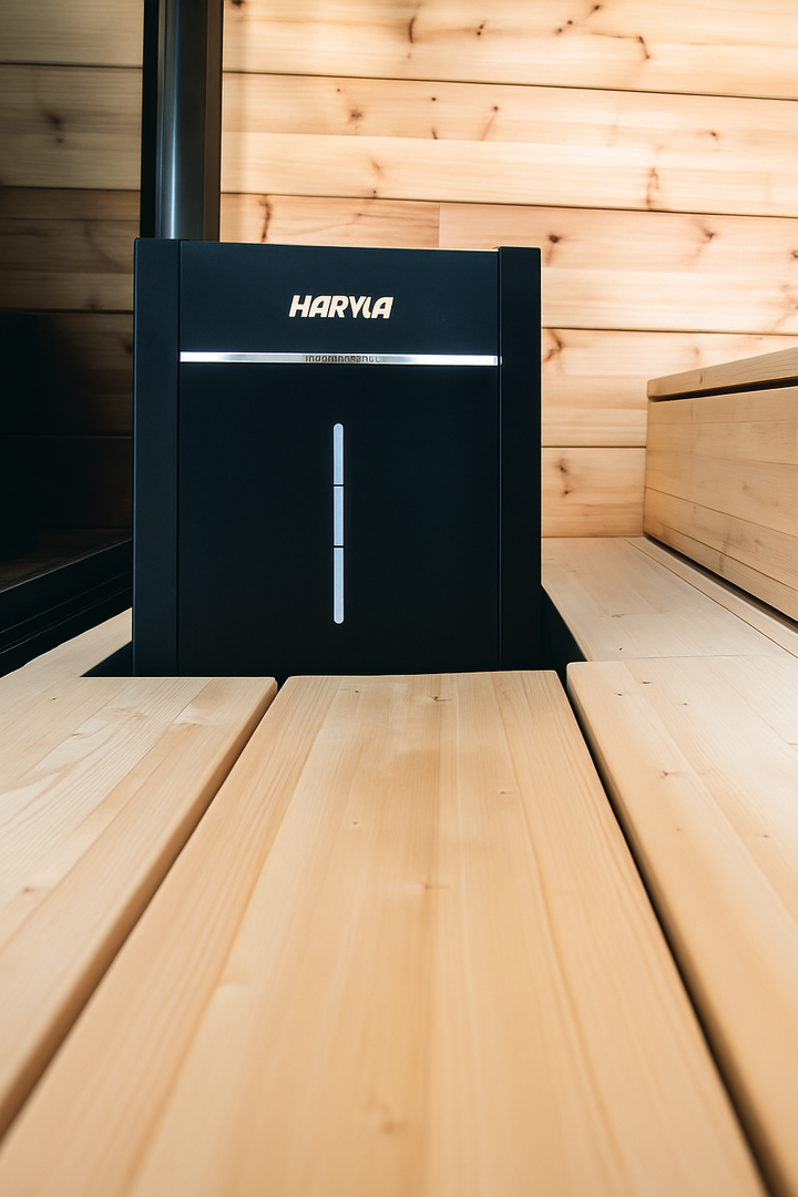 Harvia Virta Combi electric sauna heater installed in wooden sauna room with light wood paneling