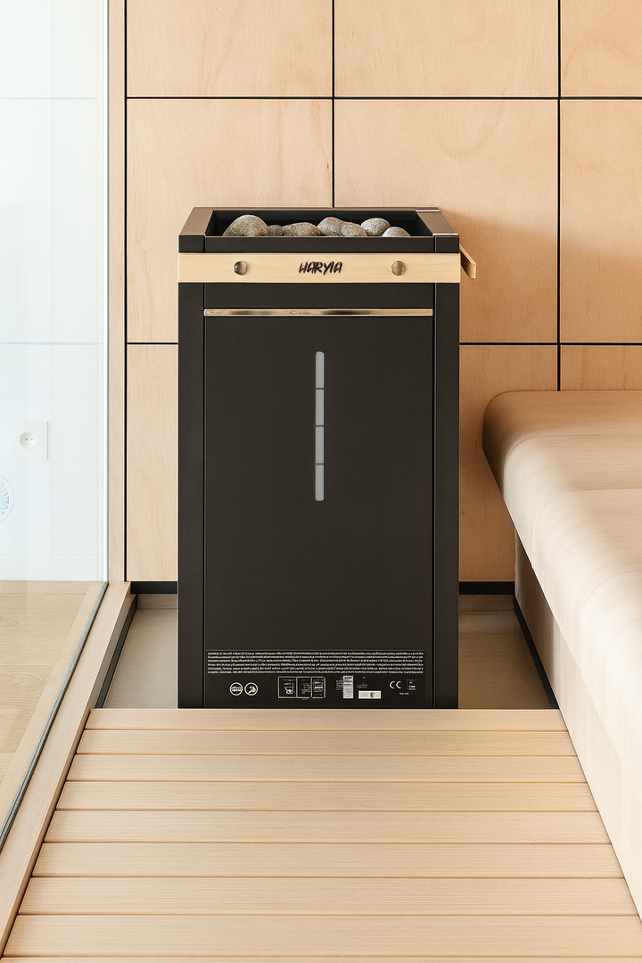 Harvia Virta Combi electric sauna heater in black with sauna stones on top, installed in a wooden sauna room