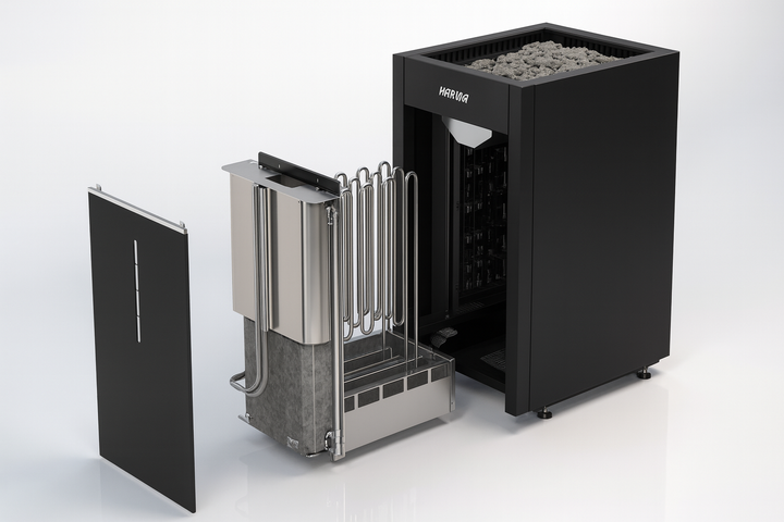 Harvia Virta Combi electric sauna heater with open black casing and internal heating elements
