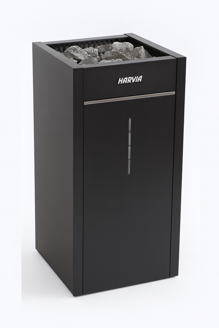 Harvia Virta Combi steam sauna heater in black with sauna stones on top for steam generation