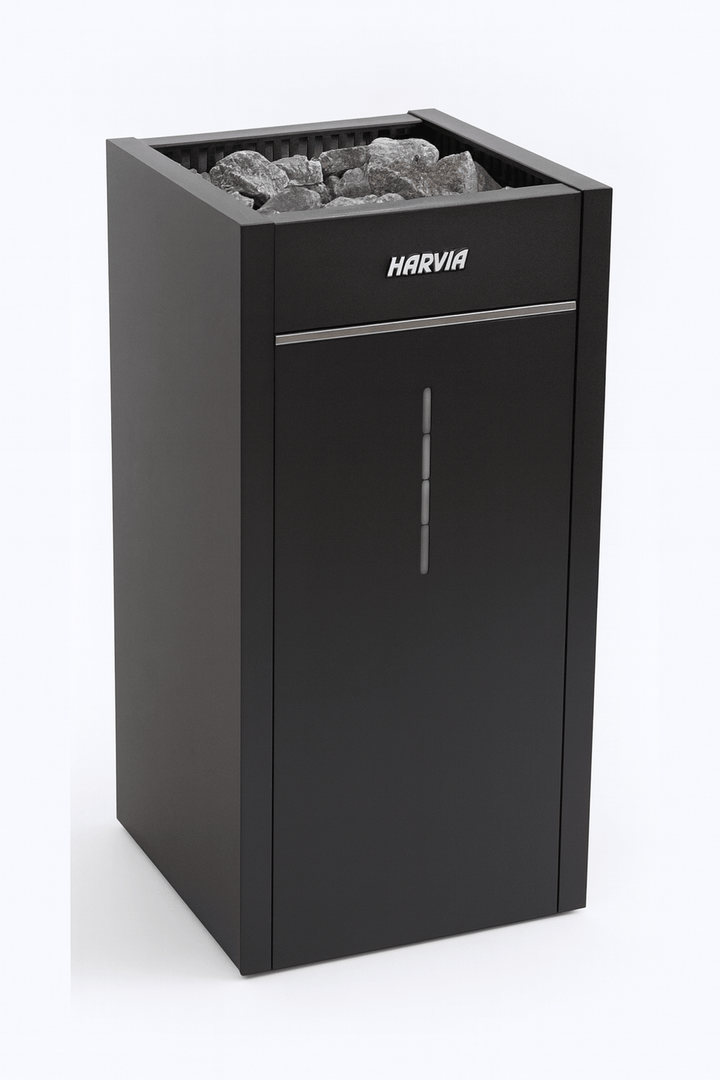 Harvia Virta Combi steam sauna heater in a sleek black design, ideal for home relaxation.