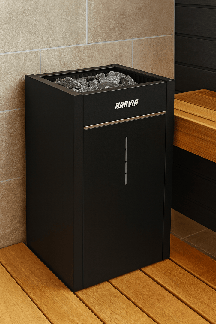 Harvia Virta Combi steam sauna heater with sleek black design suitable for home saunas