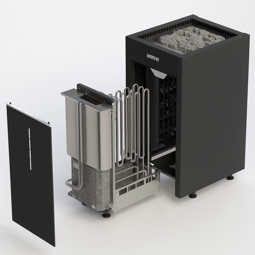 Harvia Virta Combi steam sauna heater with open black casing showing internal heating elements and stones