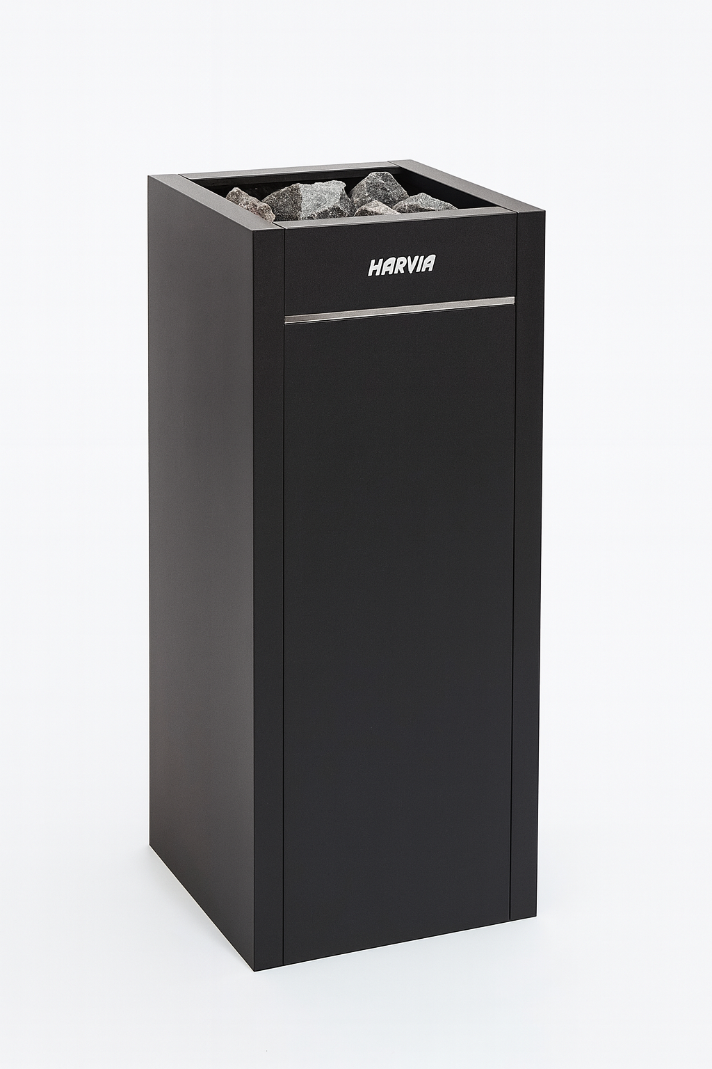 Harvia Virta HL110E sauna heater in black with sauna stones on top for efficient heating