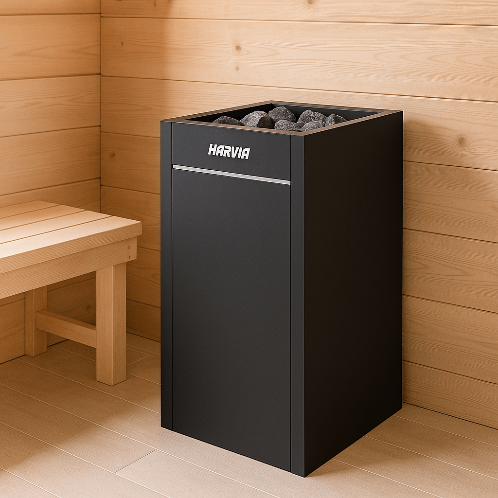 Harvia Virta HL110E sauna heater in sleek black, designed for efficient sauna heating and stone storage