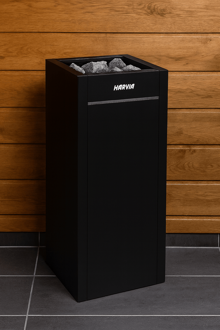 Harvia Virta HL110E sauna heater in sleek black design with stone compartment for optimal heating