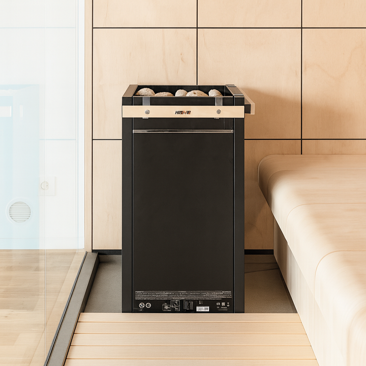 Harvia Virta HL110E sauna heater in black with stones on top installed in modern wooden sauna room