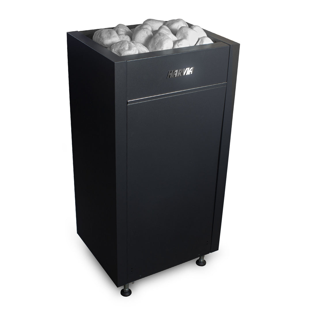 Harvia Virta HL60E electric sauna heater with a sleek black design and stacked sauna stones