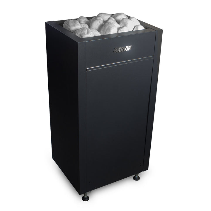 Harvia Virta HL60E electric sauna heater with a sleek black design and stacked sauna stones