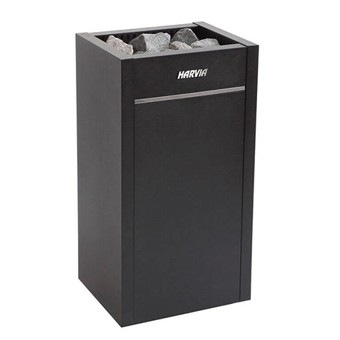 Harvia Virta HL90E electric sauna heater in black with sauna stones on top for home sauna use