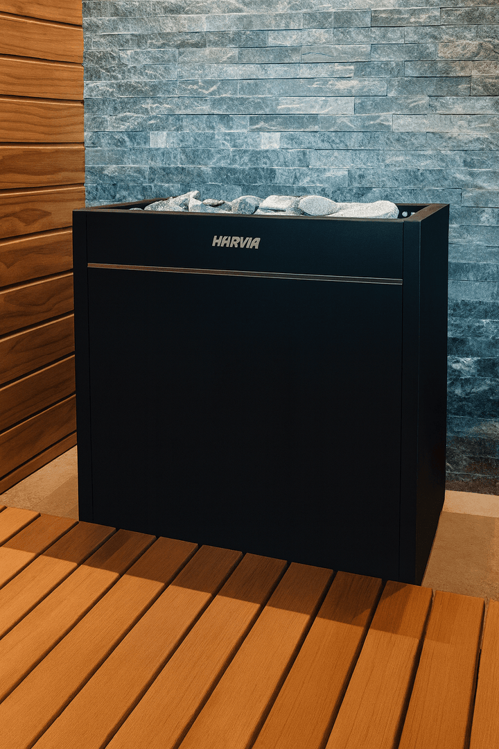 Harvia Virta Pro HL160E for spas black sauna heater with sleek design and stone top