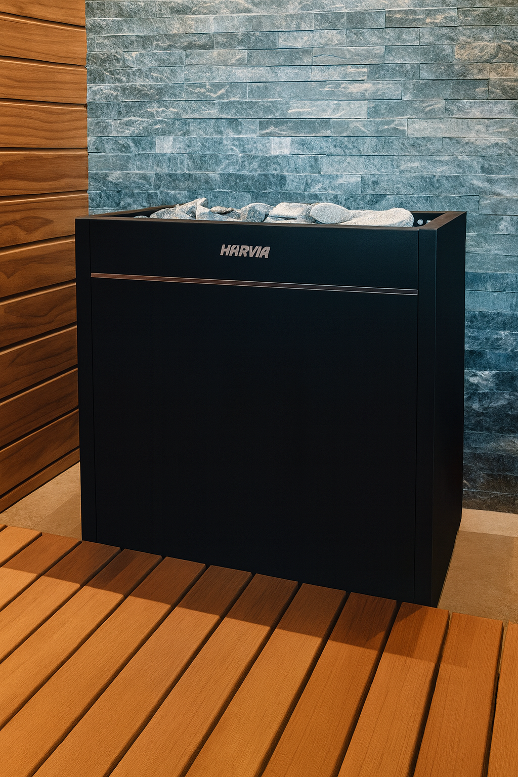 Harvia Virta Pro HL160E for spas black sauna heater with stones in wooden sauna room