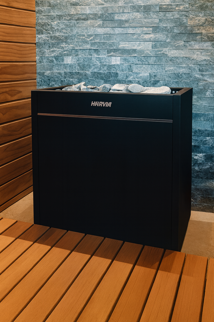 Harvia Virta Pro HL160E for spas black sauna heater with stones in wooden sauna room
