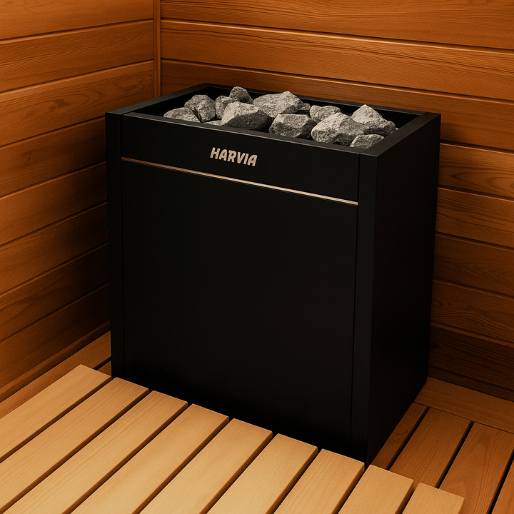 Harvia Virta Pro HL160E for spas with a sleek black finish and stone-filled heater design