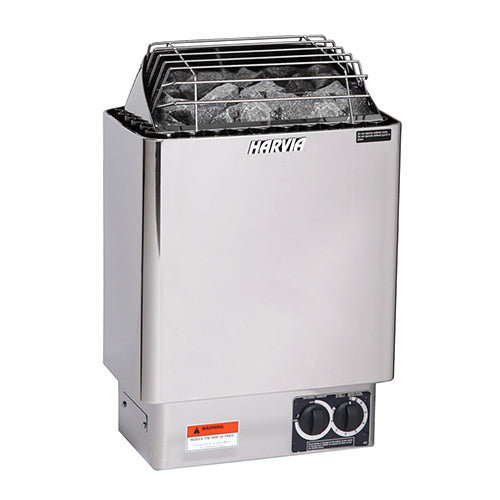 Harvia stainless steel wall-mounted electric sauna heater with stones and dual control knobs