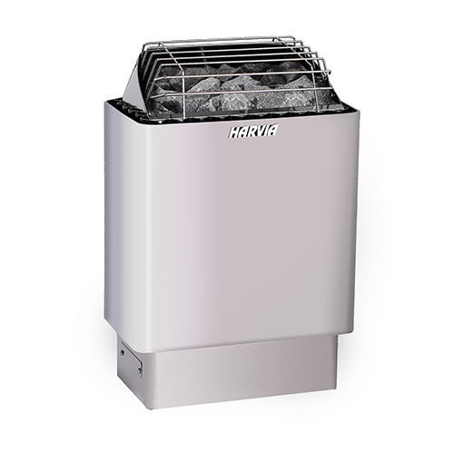 Harvia wall-mounted electric sauna heater stainless steel finish with sauna stones and protective grille