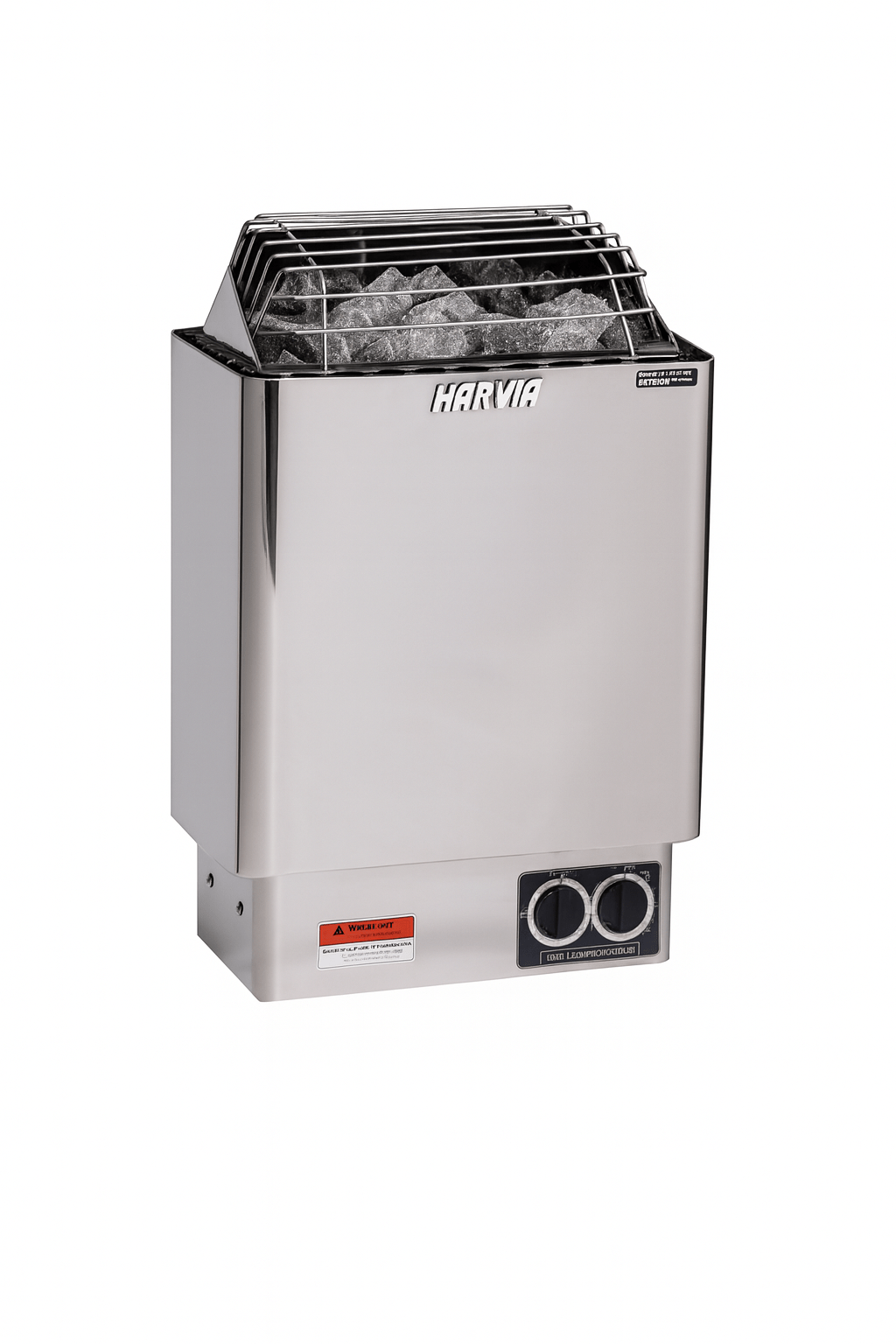Harvia wall-mounted electric sauna heater in stainless steel with stone holder and control knobs