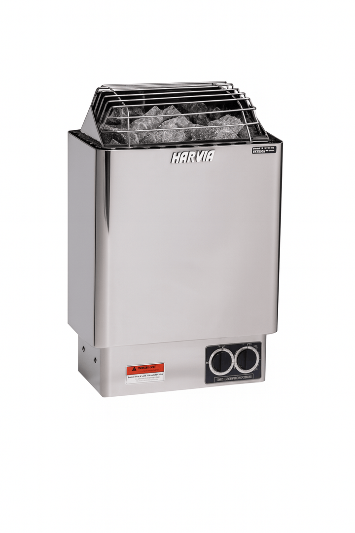 Harvia wall-mounted electric sauna heater in stainless steel with stone holder and control knobs