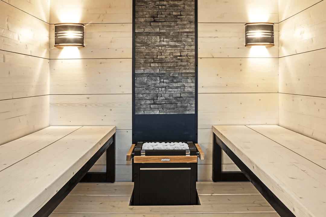 Harvia decorative sauna with white decorative sauna stones for a serene and stylish atmosphere