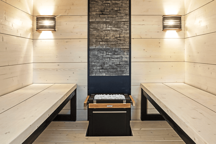 Harvia decorative sauna with white decorative sauna stones for a serene and stylish atmosphere