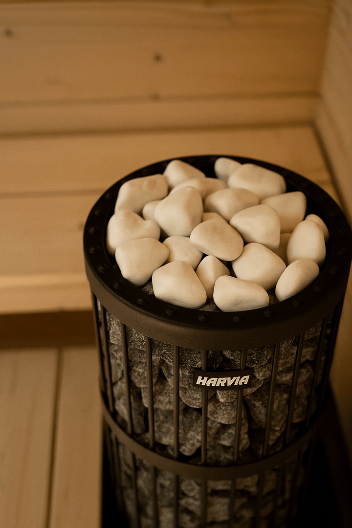 Harvia white decorative sauna stones on a sauna heater for enhancing the relaxing atmosphere