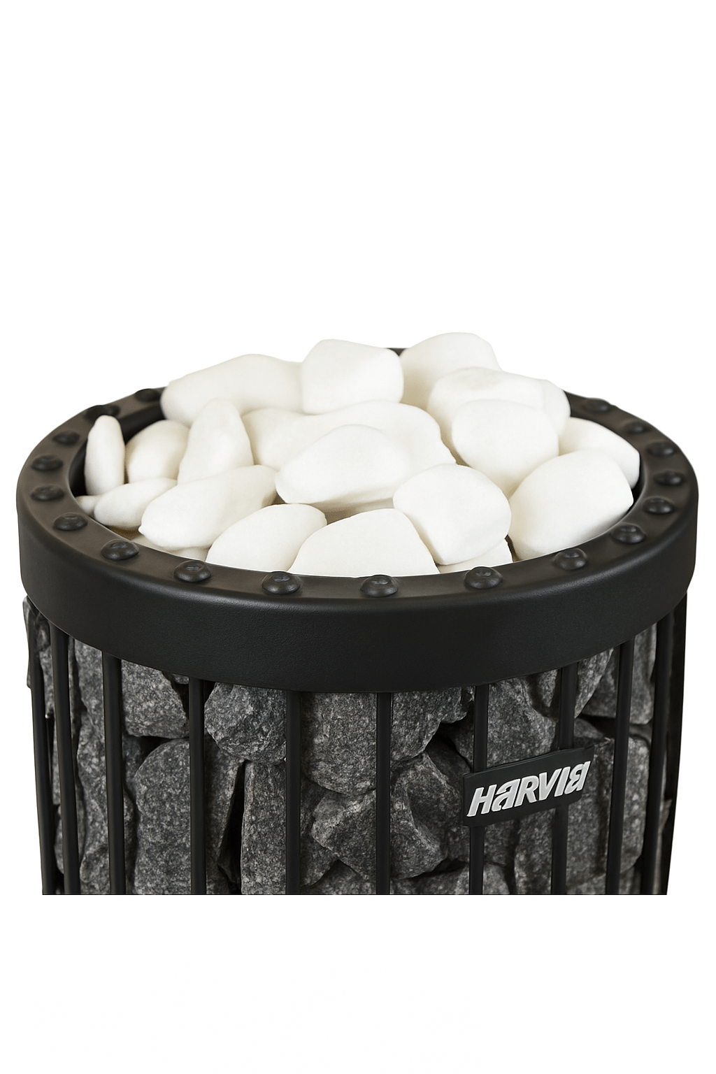 Harvia decorative sauna stones in white atop a dark sauna heater for a stylish look
