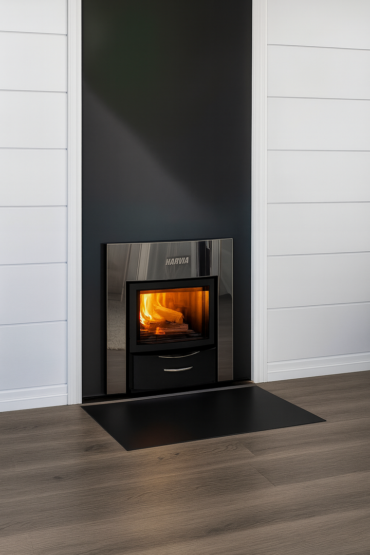 Harvia WK200SLUX sauna heater installed against black and white wall with visible glowing fire inside
