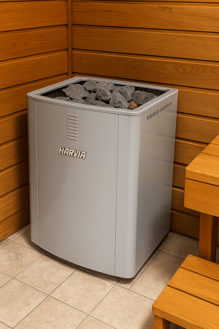 Harvia WK200SLUX sauna heater with stone compartment in a wooden sauna setting