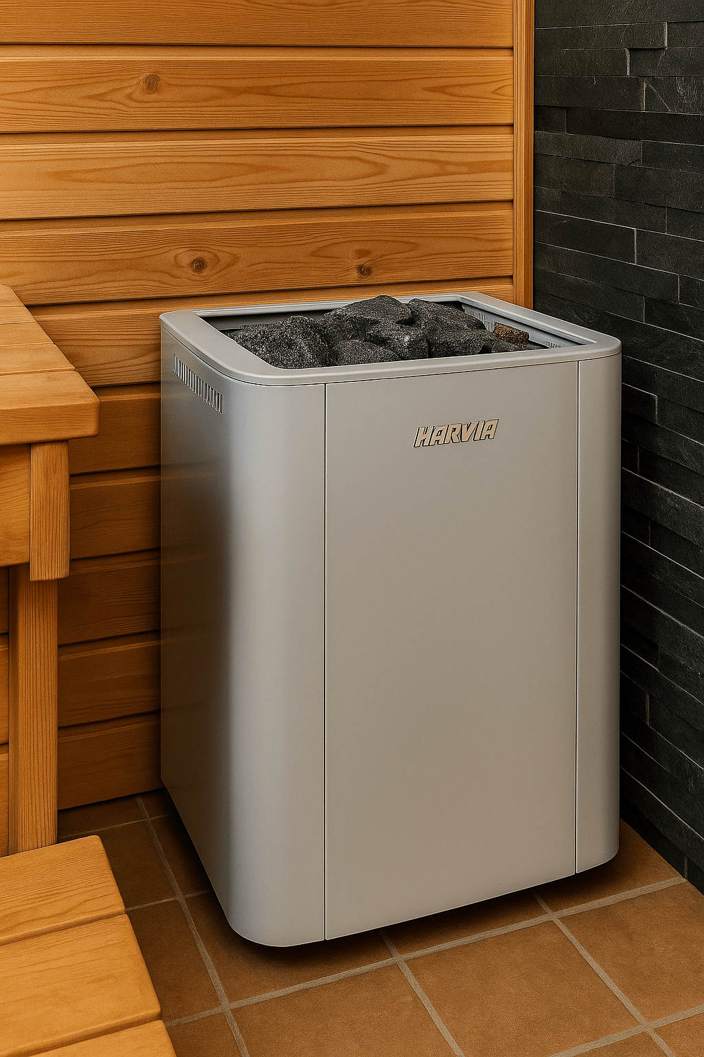 Harvia WK200SLUX sauna heater in a modern sauna setting with natural wood finishes