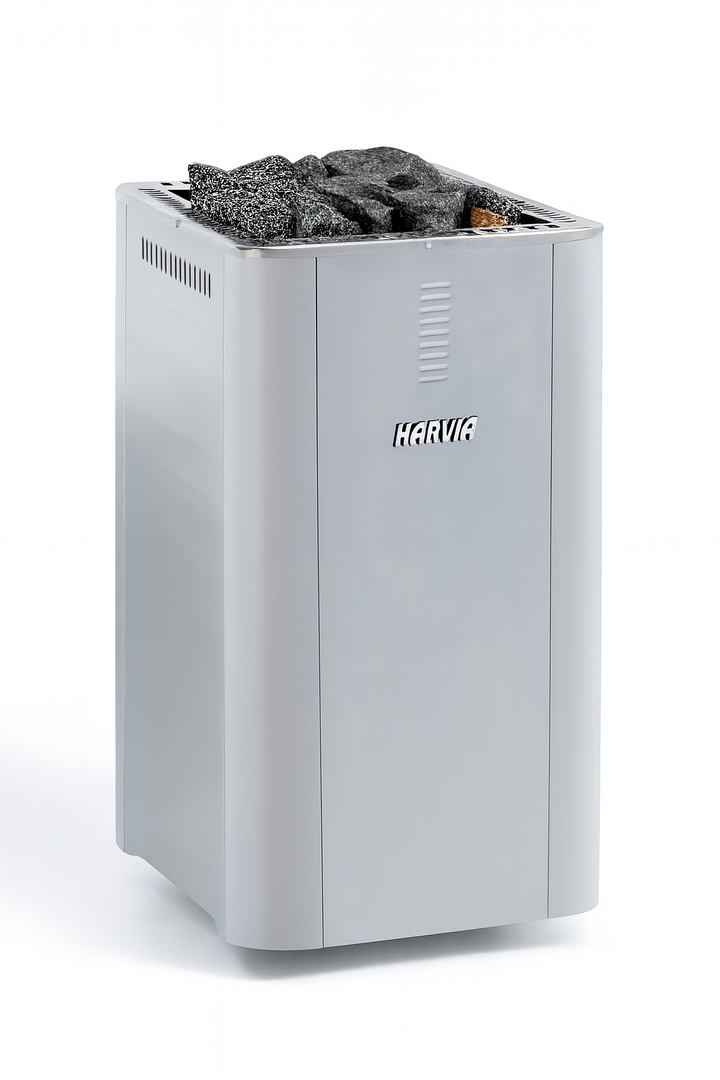 Harvia WK200SLUX sauna heater with sleek silver design and stones on top for efficient sauna heating