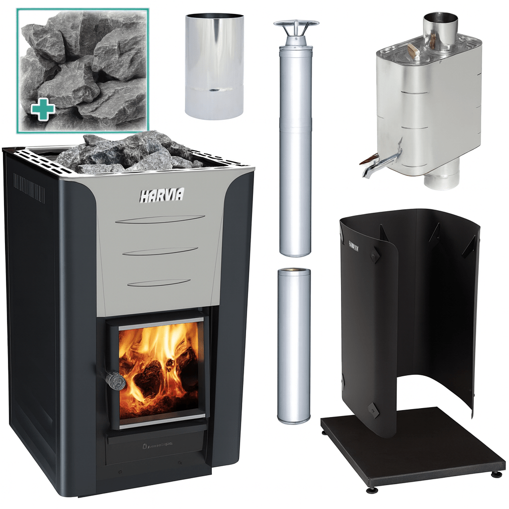Harvia wood burning sauna stove with stones and accessories for an authentic sauna experience