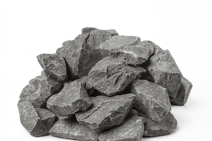 Harvia wood-burning sauna stove kit with pile of heat-retaining sauna stones for optimal heating