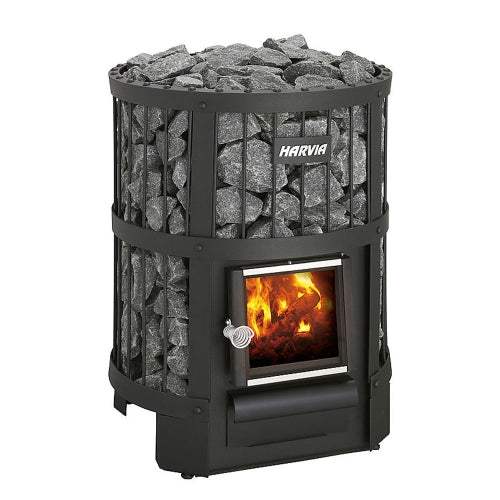 Harvia wood burning sauna stove with black metal frame and visible inner fire with sauna stones on top