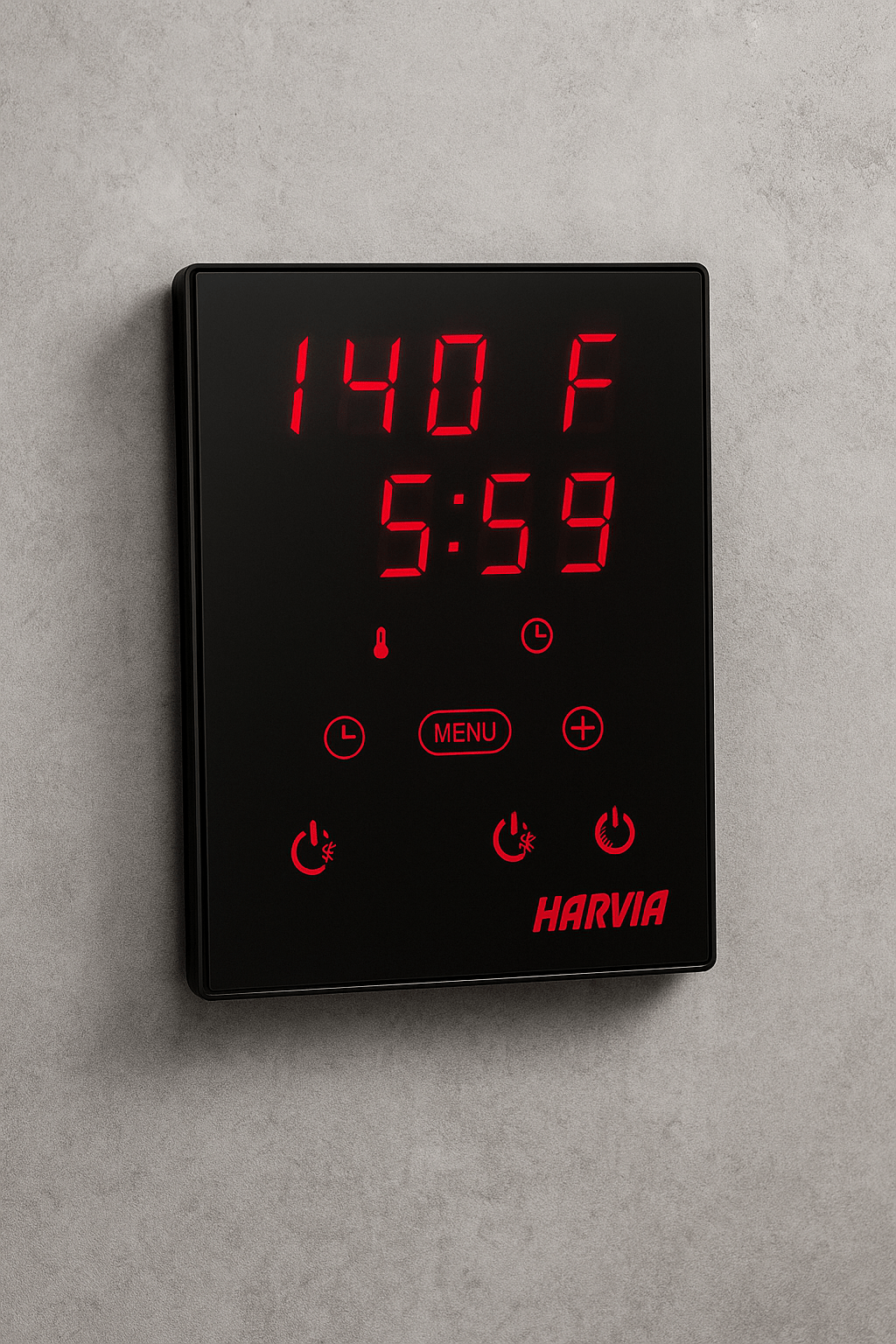 Harvia Xenio digital sauna control with a sleek black design and red LED display for easy temperature management