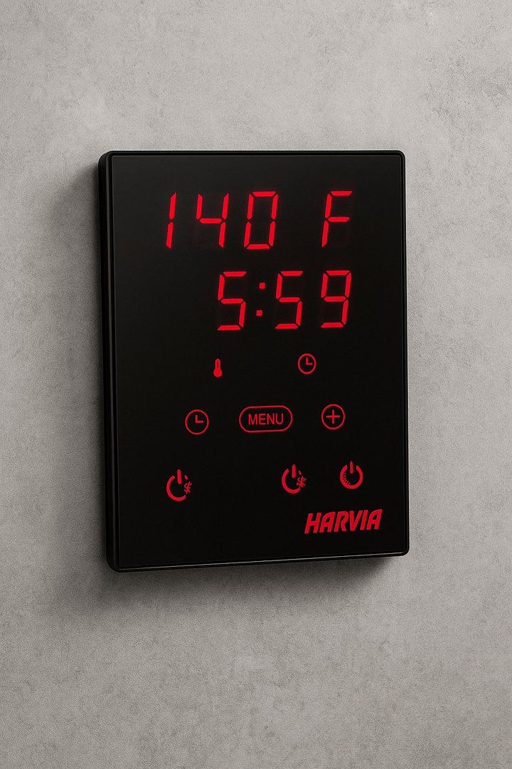 Harvia Xenio digital sauna control with a sleek black design and red LED display for easy temperature management