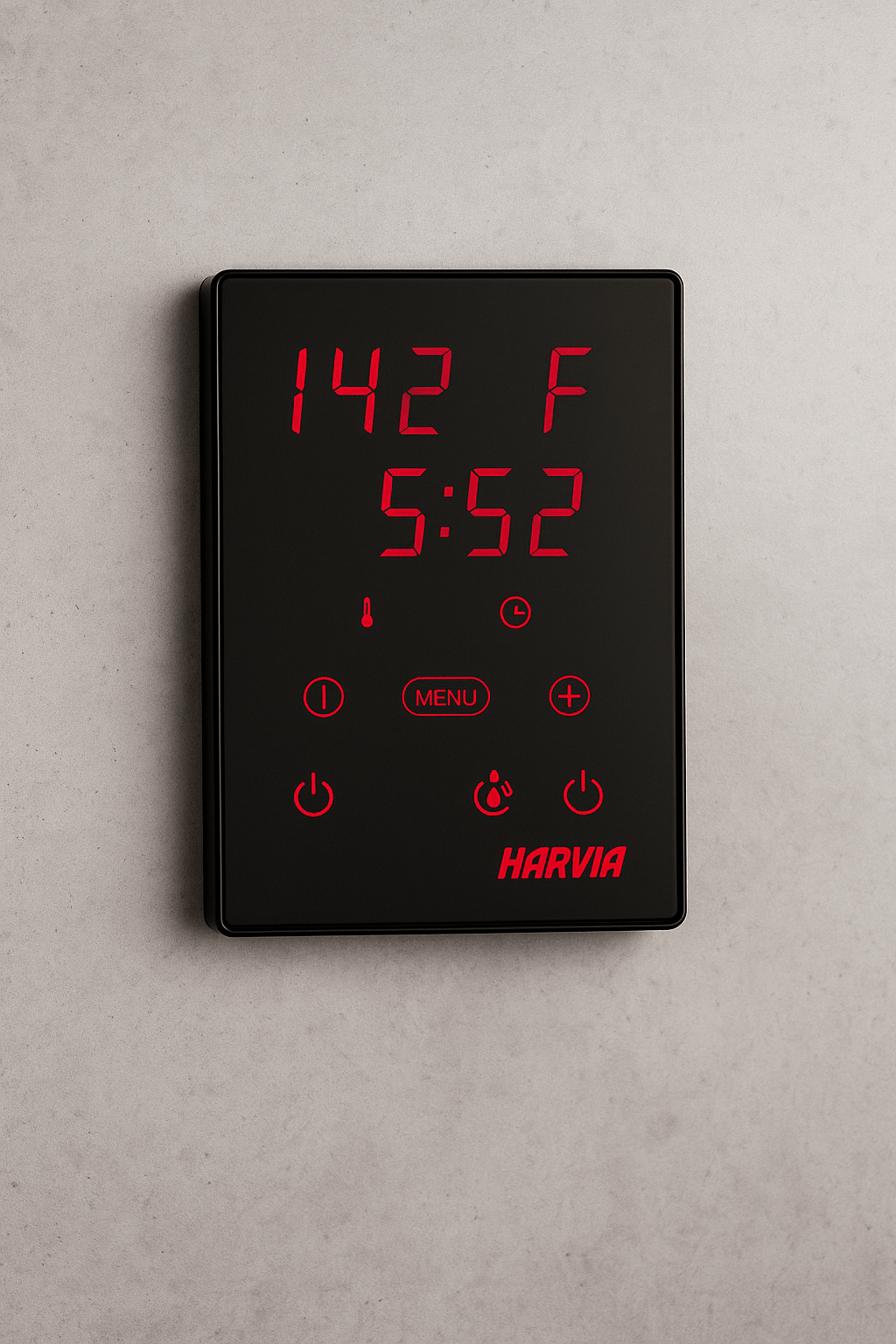 Harvia Xenio digital sauna control featuring a sleek design and easy-to-read display for temperature control