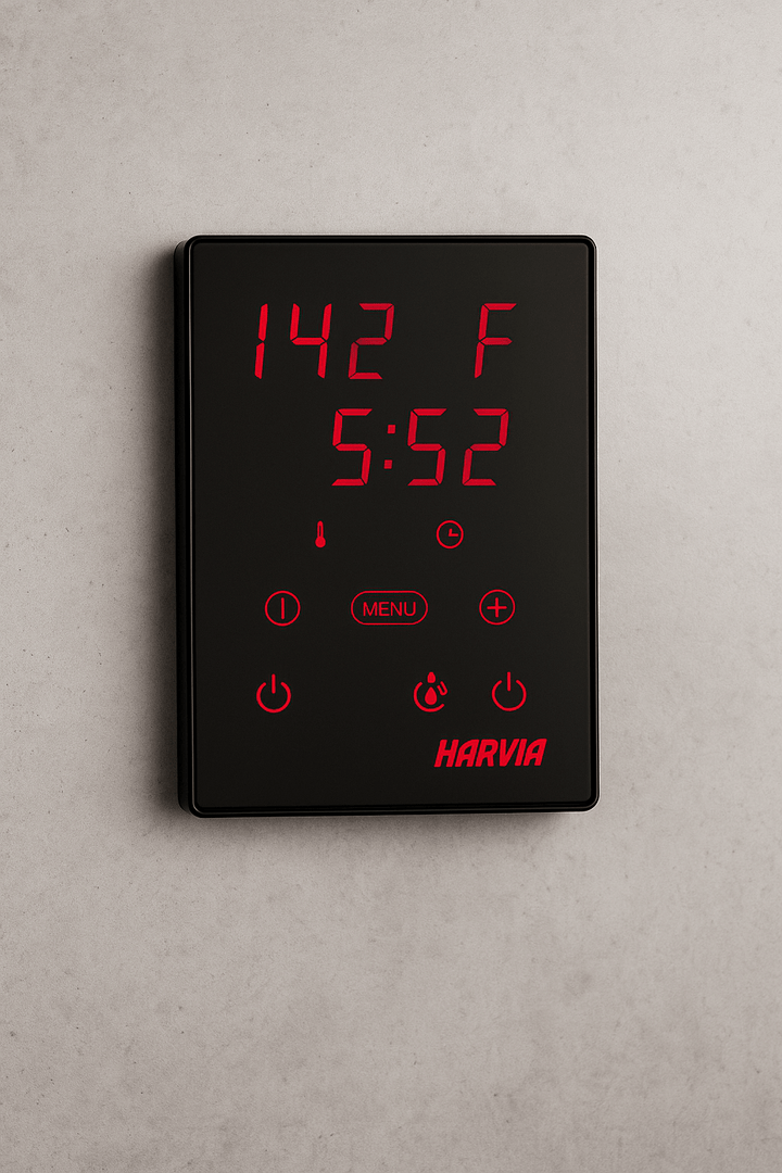 Harvia Xenio digital sauna control featuring a sleek design and easy-to-read display for temperature control