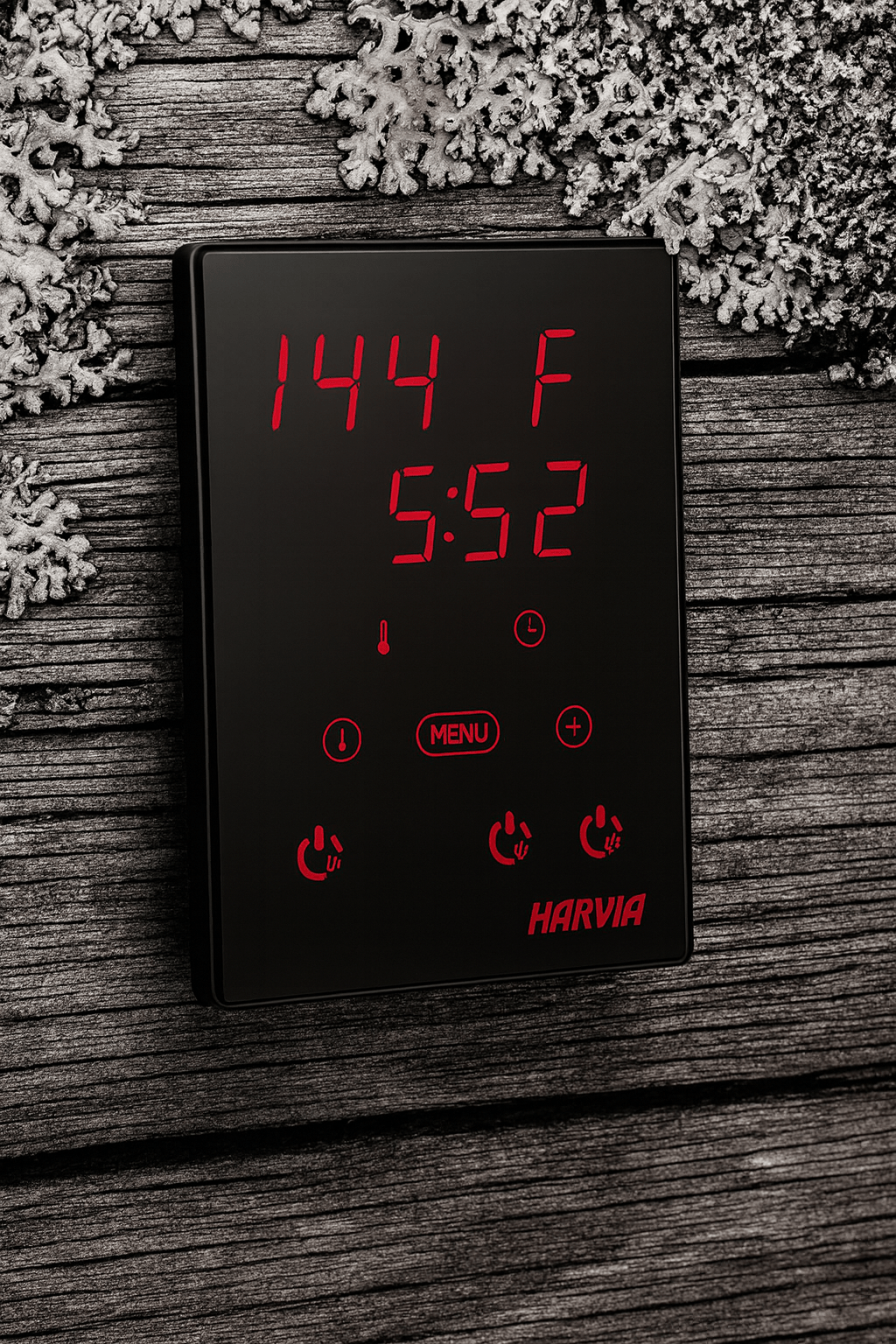 Harvia Xenio digital sauna control with temperature display and touch buttons for easy operation
