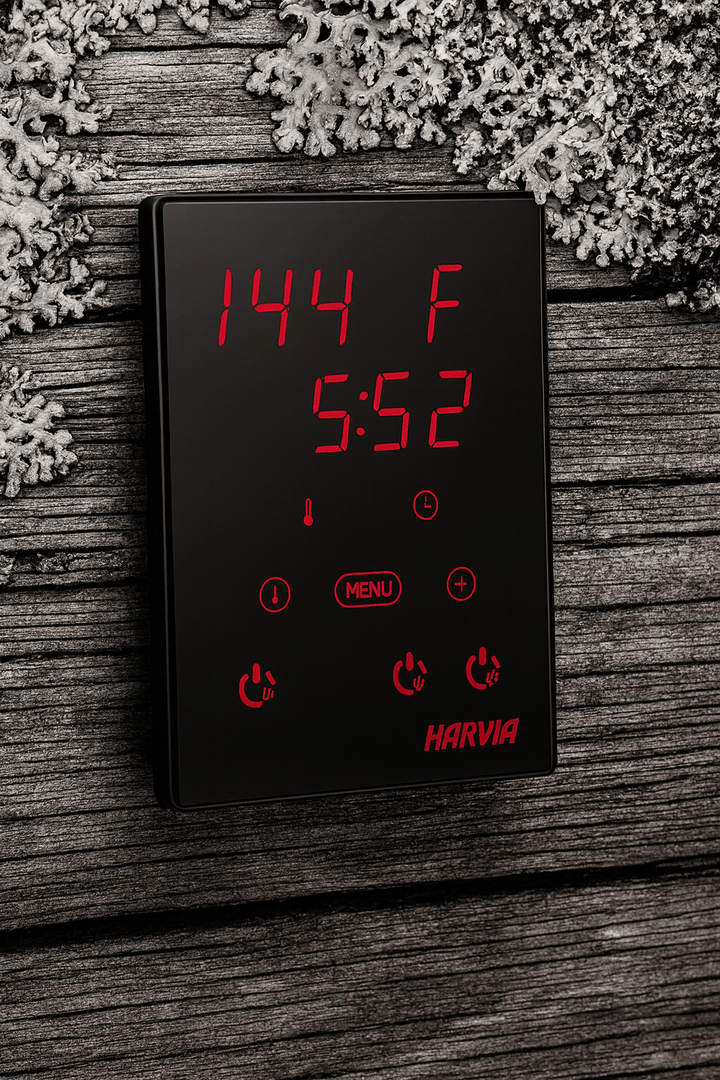 Harvia Xenio digital sauna control with temperature display and touch buttons for easy operation