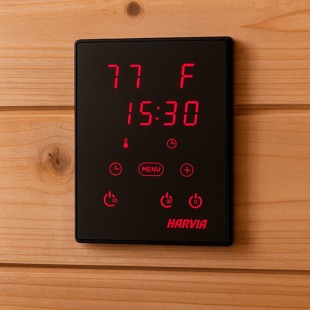 Harvia Xenio digital sauna control display mounted on wood panel showing temperature and time settings